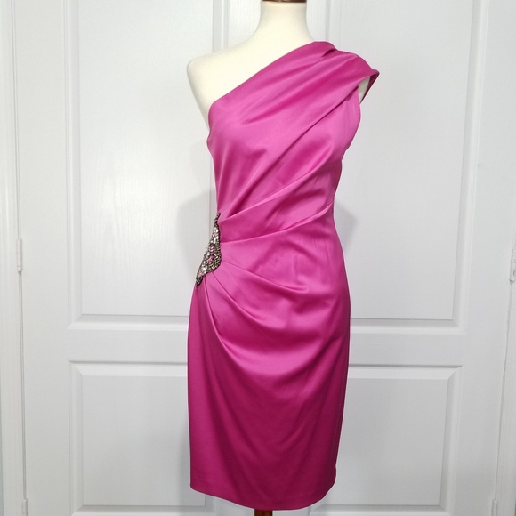 Eliza J Satin Beaded One Shoulder Cocktail Dress - Picture 2 of 8